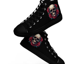 Zapatillas altas de lona para hombre estilo gótico con calaveras y rosas rojas