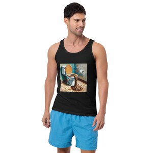 May include: Black tank top featuring a humorous graphic of a toilet overflowing with brown objects. The image is a colorful illustration with a vintage aesthetic. The model is wearing blue shorts.