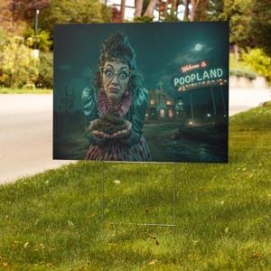 May include: A yard sign featuring a whimsical illustration of a woman holding a pile of what appears to be feces. The background shows a sign that reads "Welcome to POOPLAND" with a spooky, nighttime scene.
