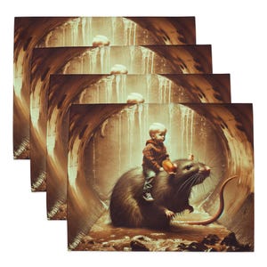 May include: Set of four square placemats featuring a whimsical illustration. A child in a plaid shirt rides a giant rat through a tunnel. The artwork has a sepia-toned color palette with brown and beige hues.