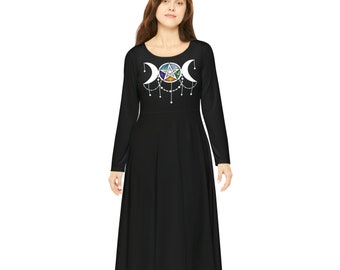 Triple Moon Pentagram Wiccan Goth Women's Long Sleeve Dance Dress