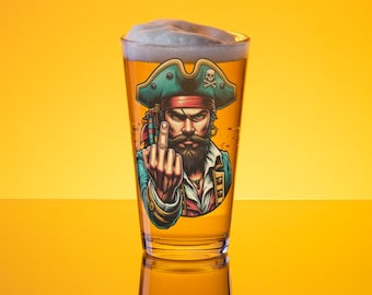 May include: A clear glass beer stein with a pirate design. The pirate is wearing a green and blue bandana and has a beard. He is giving the middle finger.