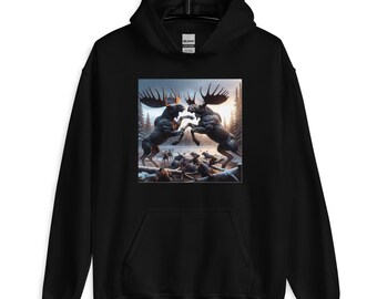 Two Moose Fighting | Great Outdoors Themed Unisex Hoodie | Ai-generated Design