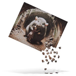 May include: A jigsaw puzzle featuring a large rat embracing a small child in a tunnel setting. The puzzle is mostly assembled, with a few pieces falling away. The image has a sepia tone, with the rat and child in the center.