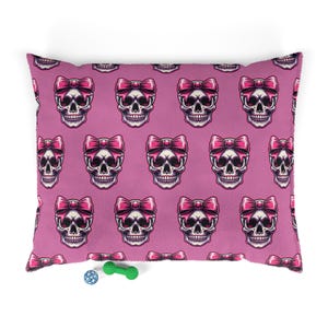 Gothic Pink Skull Pet Bed with Pink Bow Design, Unique Dog Bed, Cat Bed for Halloween, Cozy Skull Pet Cushion, Punk Pet Decor