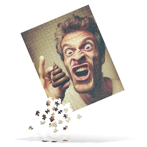 May include: A jigsaw puzzle featuring a man with an angry expression, holding a pile of brown feces. The puzzle is partially assembled, with some pieces falling away. The image has a sepia tone.