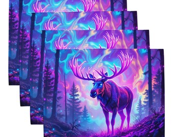 Juego de manteles individuales estilo neón con diseño de alce en el bosque