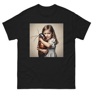 May include: A young girl in a white dress is holding a large cockroach in her arms. She is smiling and looking at the camera. The cockroach is brown and black with long antennae.