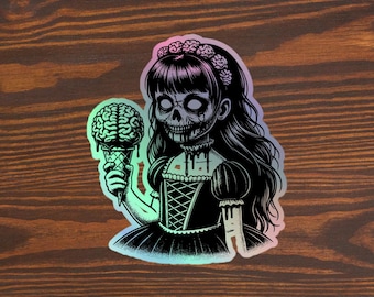 Little Zombie Girl Eating a Ice Cream Brain | Weird Zombie Holographic stickers