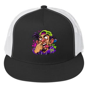 May include: Black and white trucker hat with a cartoon graphic of a person picking their nose. The graphic features a person with purple hair, a green hat with the word "Booger", and the words "Pick Life".