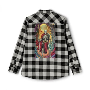 Warrior Skeleton Unisex Flannel Shirt, Cozy Casual Wear, Graphic Art Shirt, Perfect for Fall, Bold Black & White Shirt, Halloween Attire