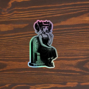 Cute Goth Girl Sitting on a Tombstone Licking a Lollipop | Goth Holographic stickers