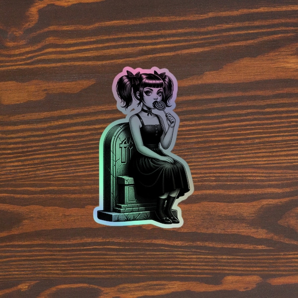 Cute Goth Girl Sitting on a Tombstone Licking a Lollipop | Goth Holographic stickers