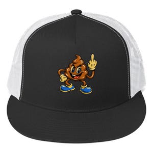 May include: Black and white trucker hat featuring a cartoon poop character giving the middle finger. The poop character is brown with yellow gloves and blue shoes. The hat has a black front panel and a white mesh back.