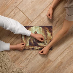 May include: A rectangular jigsaw puzzle featuring a surreal illustration of a child riding a giant rat in a tunnel. The puzzle is brown and tan with a vintage aesthetic. Two people are working on the puzzle, their hands visible.