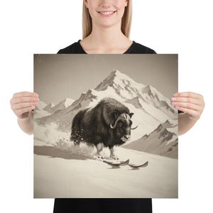 May include: Sepia-toned print of a musk ox skiing down a snowy mountain slope. The animal is depicted with a thick, dark coat and curved horns, gliding on skis. The background features snow-covered mountains.