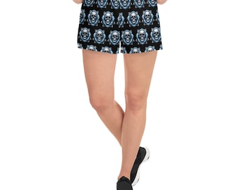 Schedel in een blauw bloempatroon | Goth gerecyclede atletische shorts voor dames