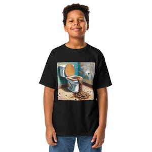 May include: Black t-shirt featuring a graphic of a toilet with the lid up and overflowing with brown material. The image is set in a bathroom with a blue and white tiled wall and a roll of toilet paper.