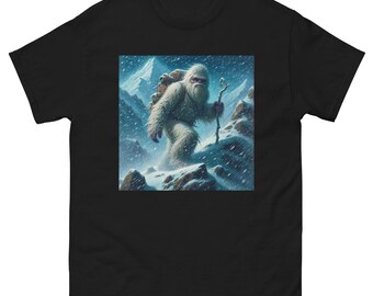 The Yeti Hiking Up The Mountain Unisex classic tee