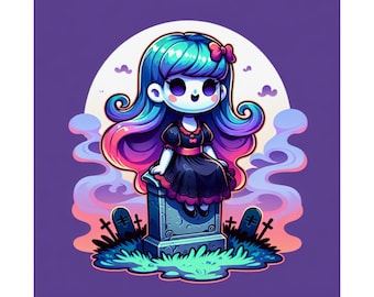 Little Ghost Girl Sitting On a Tombstone | Pastel Goth Matte Posters