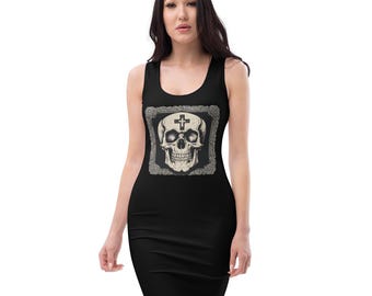 Sugar Skulls Printed Bodycon Dress, Gothic Halloween Festival Dress, Going Out Dress, Fashion Holiday Dress, Fitted Dress