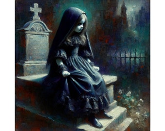 Little Ghost Girl Sitting On Her Grave | Goth Matte Posters