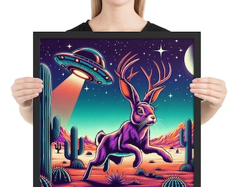 Jackalope Being Chased By Aliens | Jackalope and UFO Framed poster