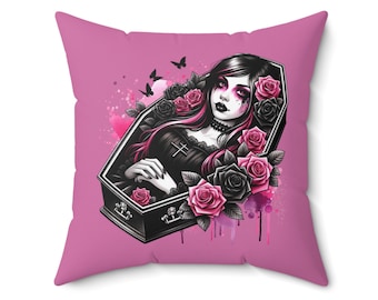 Goth Girl In A Coffin | Pink Pastel Goth Spun Polyester Square Pillow