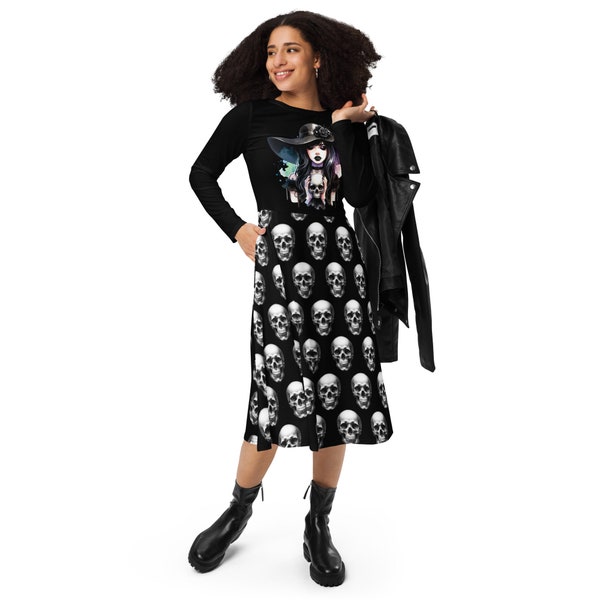 Goth Girl Holding a Skull | Skull Pattern All-over Print Goth Long Sleeve Midi Dress