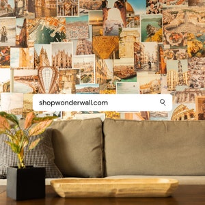 Op de afbeelding: Een beige bank met twee kussens voor een muur bedekt met een collage van reisfoto's. Het websiteadres "shopwonderwall.com" wordt weergegeven in een zoekbalk met een vergrootglaspictogram.