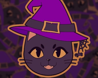 Holographische Hexe Katzenaufkleber | Halloween Black Kitty Laptop Aufkleber