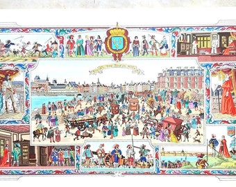 Paris, le Pont-Neuf en 1635, Louis XIII et Richelieu - Belle planche sur Vélin colorée au pochoir de Jean Gradassi Le Miniaturiste - 1983