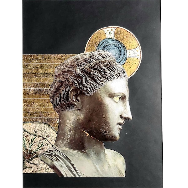 Original Delavillette collage from old paper cut-outs - Antique bronze and Byzantine mosaics - Female profile with gold disc