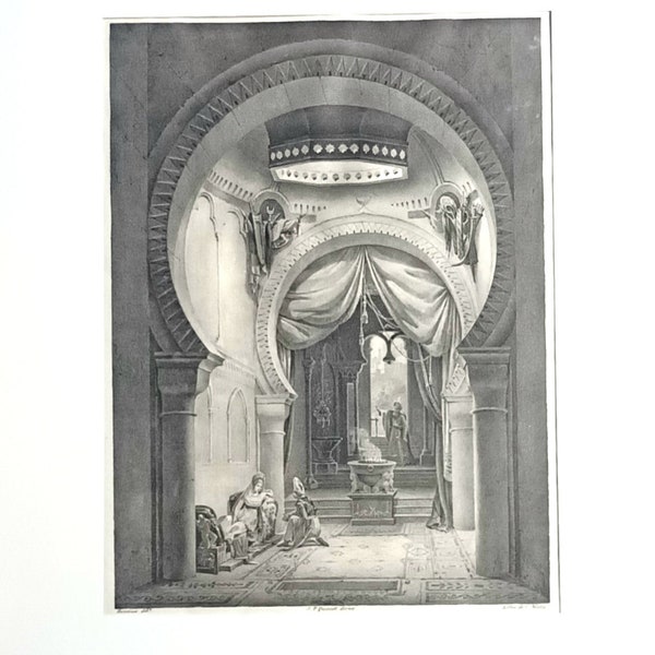 Intérieur mauresque - Belle lithographie orientaliste du XIXe siècle