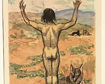 Mowgli et le loup - Le Livre de la Jungle - Belle estampe colorée au pochoir - Dessin de Henri Deluermoz - 1930
