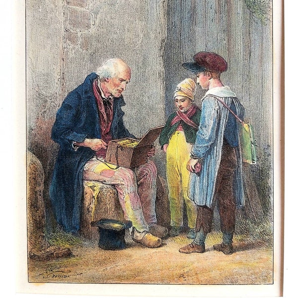 Lithographie originale du XIXe siècle colorée à la main - Scène pittoresque - Vieil homme et deux enfants - Les Petits flâneurs de F Grenier