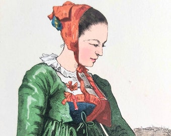 Estampe originale colorée main du 19e s. - Allemagne, costume badois, Forêt-Noire - Paysanne de la Vallée de Schappach - Dessin de Lallemand