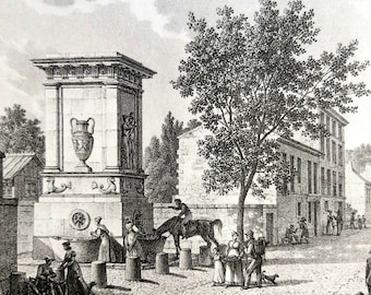 Originele litho uit de 19e eeuw - Het Parijs van gisteren - De fontein van het Militair Hospitaal Gros-Caillou - Tekening door L. Bacler d'Albe