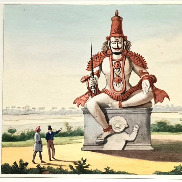 Génie hindou - Statue d'un Bhoutan - Ariancoupam, Pondichery - Belle lithographie colorée de Marlet - Inde française de Burnouf - 1828