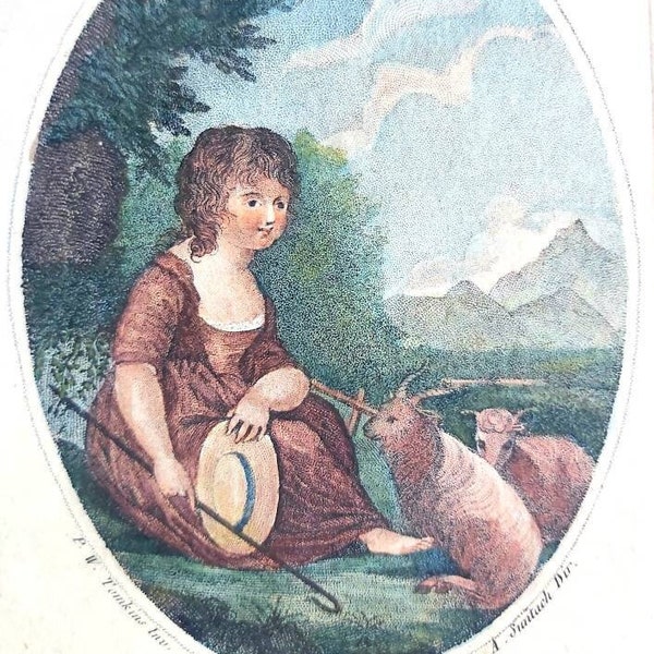 Paire de charmantes gravures anglaises colorées à la main - Le petit berger et la petite bergère - William Tomkins - Glamorgan & Carnavon