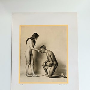Beautiful naked couple A standing naked woman and a kneeling naked man Print from a German photo Naturist movement 1922 image 6