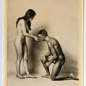 Beautiful naked couple A standing naked woman and a kneeling naked man Print from a German photo Naturist movement 1922 image 1