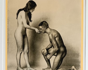 Beau couple nu - Une femme nue debout et un homme nu à genoux - Impression à partir d'une photo allemande - Mouvement naturiste - 1922