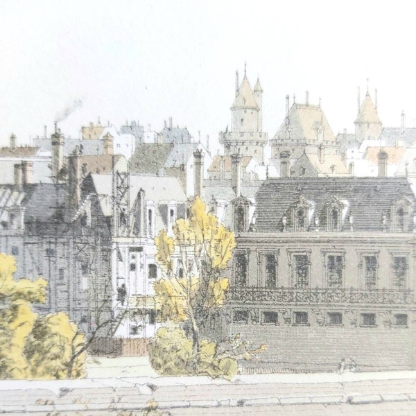 Lithographie originale en couleurs 19e siècle - Histoire des Monuments de Paris - le Palais-Cardinal en 1634 - futur Palais-Royal