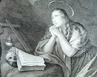 Originele 19e-eeuwse druk geëtst door Pomel - Heilige Maria Magdalena Berouwvol - Religieuze gravure