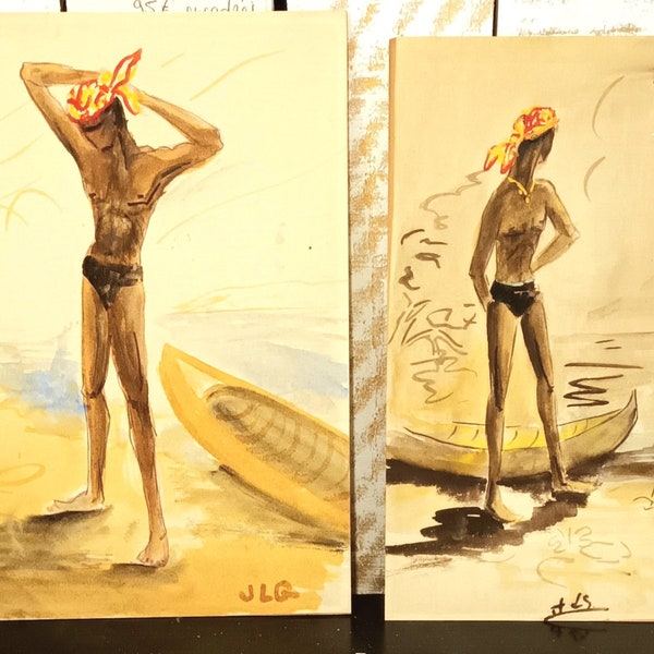 Le jeune tahitien - Paire de dessins originaux crayon et aquarelle - Juillet 1943 - Ephèbe en maillot de bain, plage et pirogue - maleform