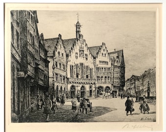 Le Römer - Hôtel de Ville de Francfort sur le Main - Allemagne - Belle estampe originale gravée à l'eau-forte et signée par Bernhard Liebig