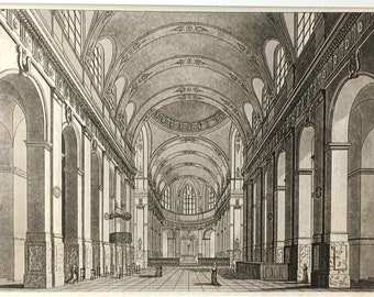 Estampe originale du XVIIIe s gravée à l'eau-forte - Paris, rue St-Honoré - Intérieur de l'église Saint-Roch - Style baroque