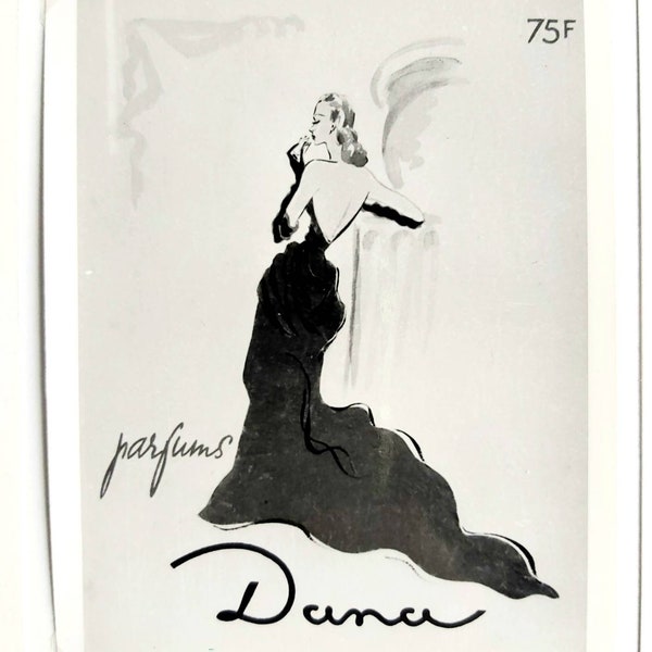 Photographie noir et blanc - Tirage argentique original années 40 à usage publicitaire - Parfums Dana - Femme robe du soir dos nu et colonne