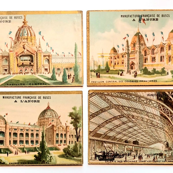 Ensemble de 4 chromos publicitaires - Exposition Universelle de Paris - 1889 - Manufacture française des buscs A l'ancre